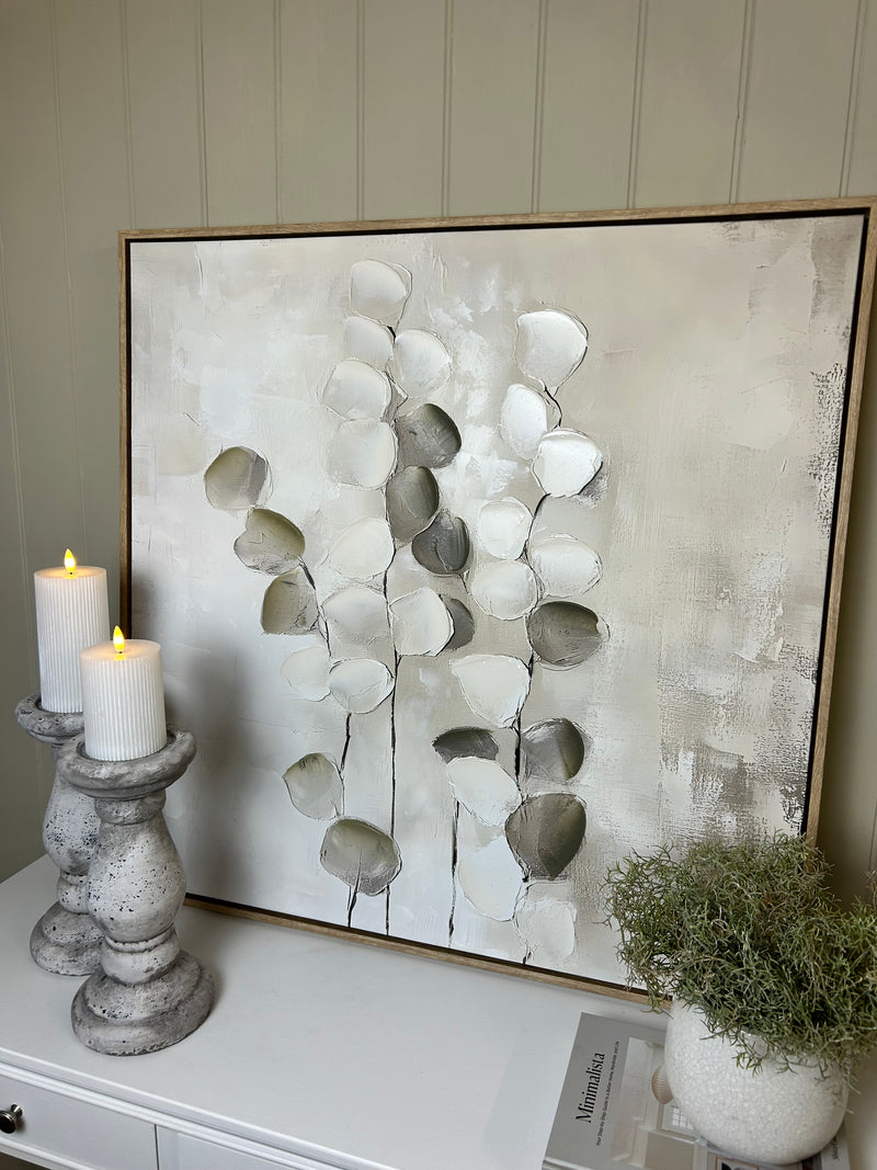 Mistora leaf eucalyptus stem floral hand painted picture framed art 80x80