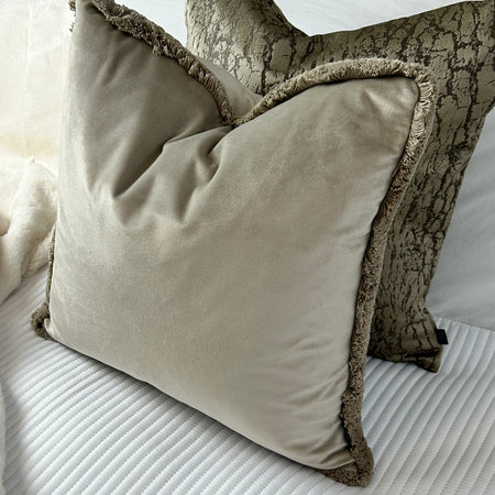 Freya taupe velvet fringed cushion