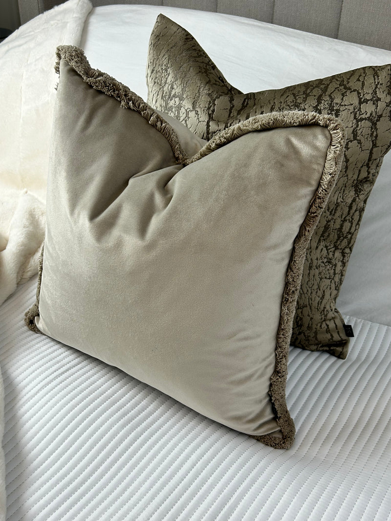 Freya taupe velvet fringed cushion