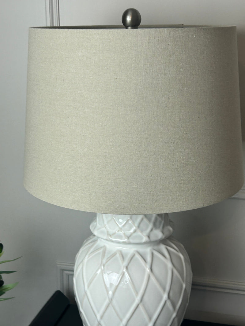 Ceramic base lattice grid lamp with linen shade