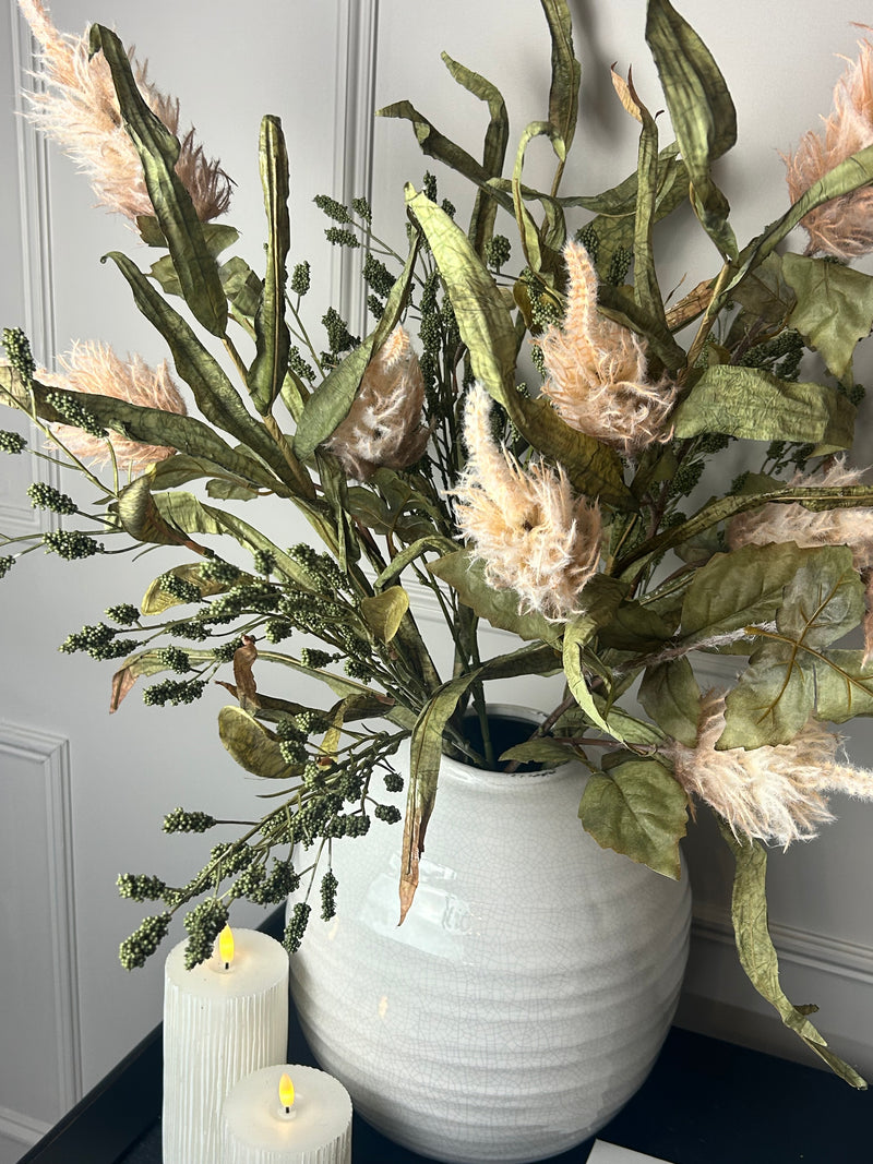Green tall reed, green sorghum grass and mocha oyster alexis stem arrangement