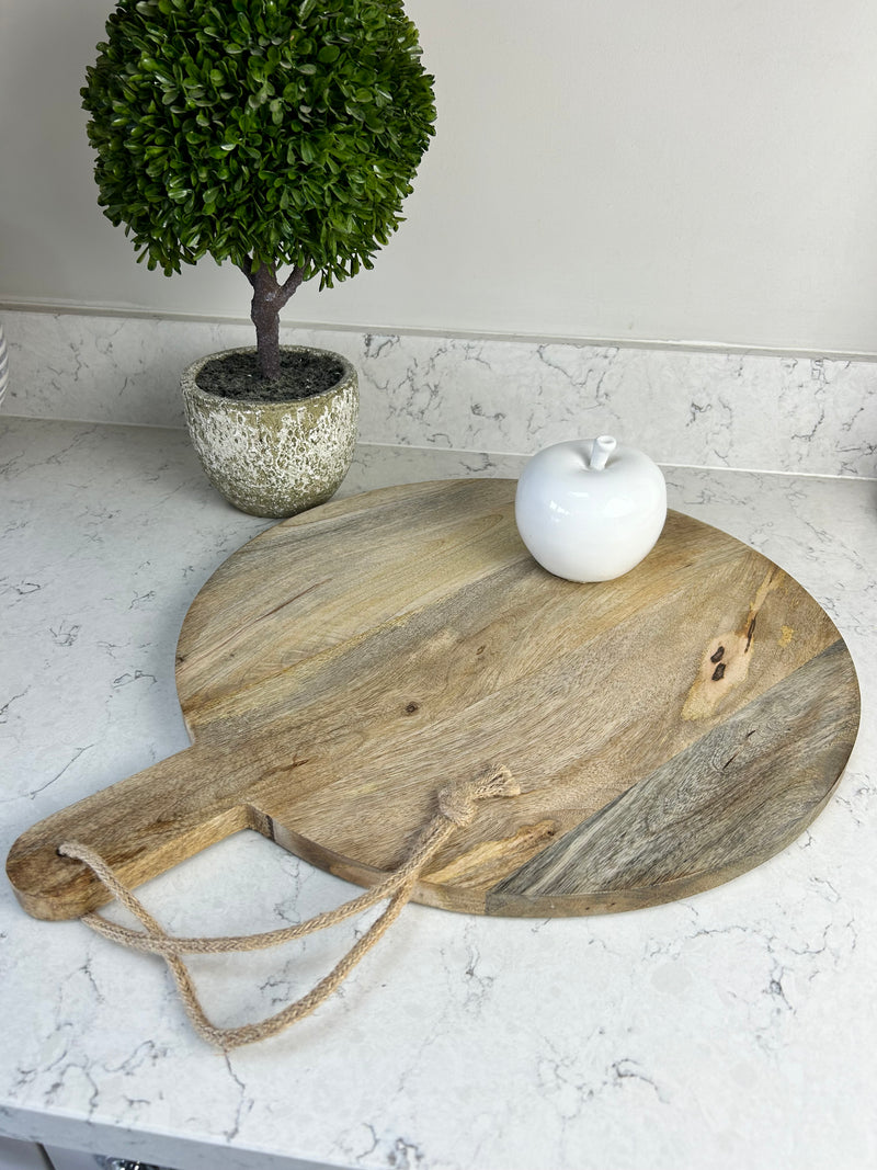 Large Round Mango Wood Serving Chopping Board With Handle 40cm