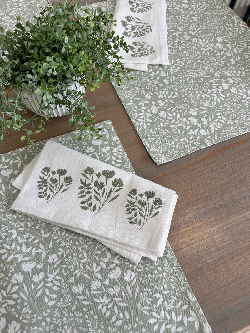 Set of 4 sage green floral cotton placemats and linen cotton napkins