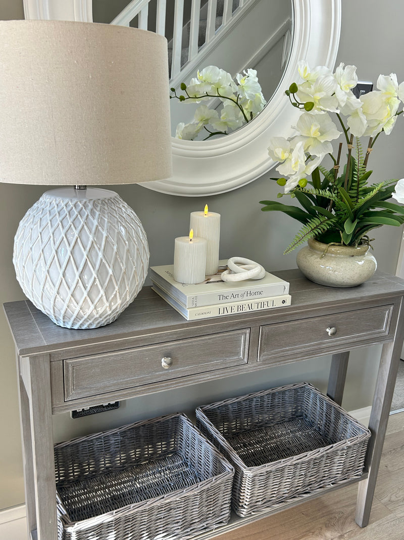 Washed wood 2 drawer console table with shelf