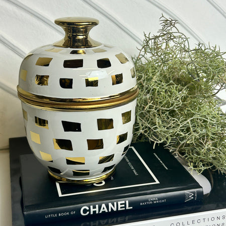 Gold white ceramic print lidded jar small