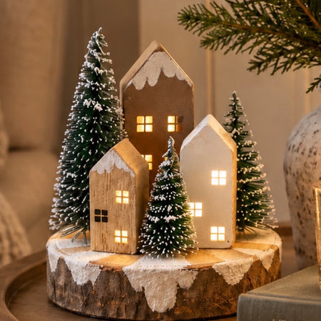 Wooden Christmas Trees & Houses Scene