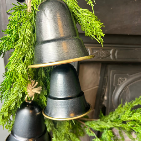 Set of 3 Hanging Pewter black gold Bells on Rope