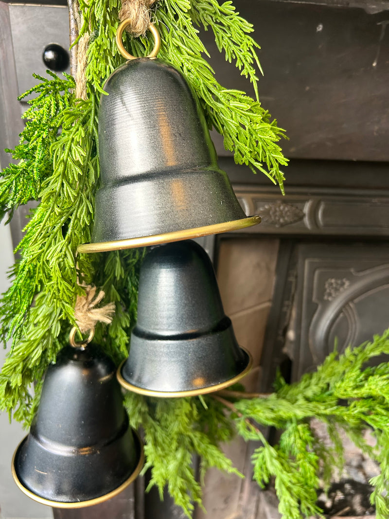 Set of 3 Hanging Pewter black gold Bells on Rope