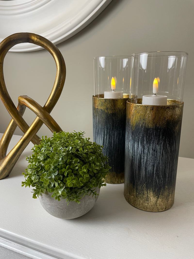 Pair of Distressed Gold & Blue Tall Candle Holder