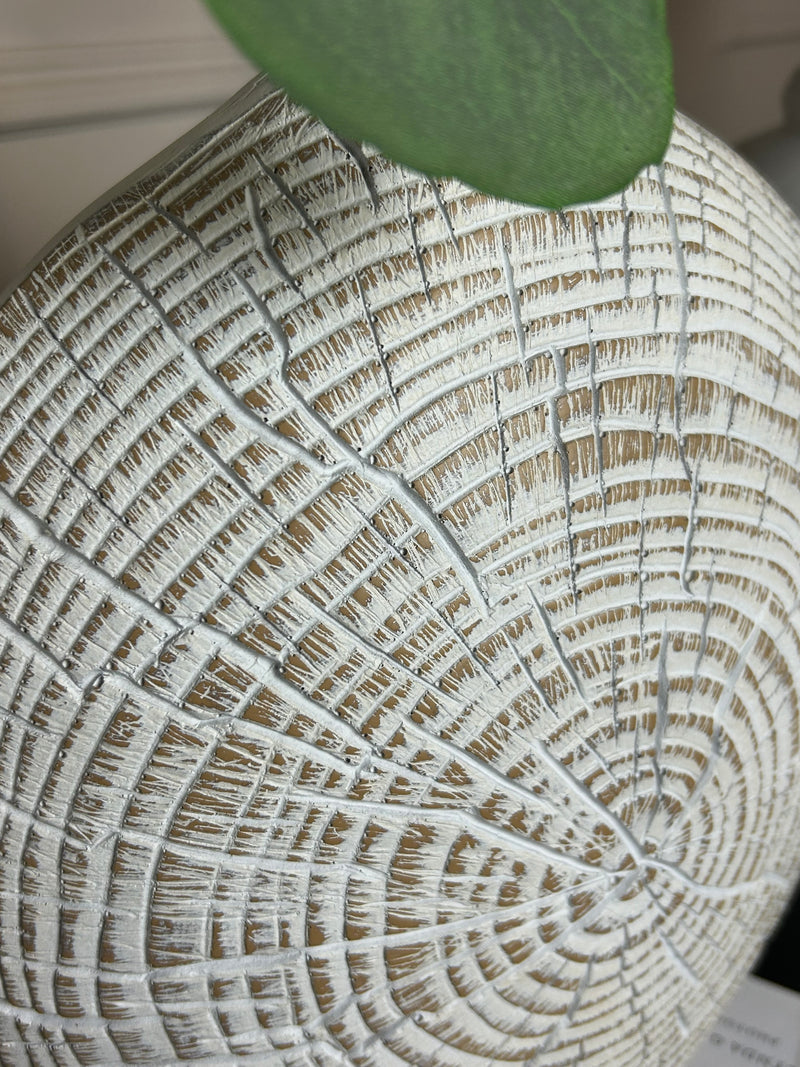 Brown and white textured wood look round vase