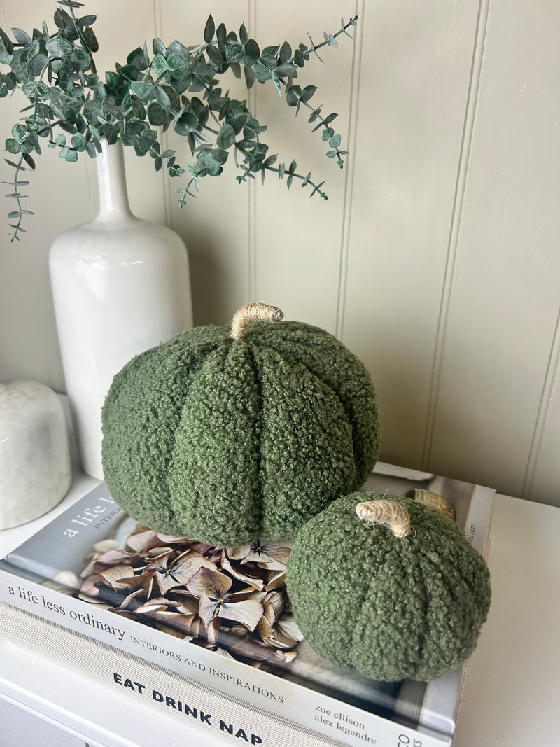 Set of two Boucle green autumn Halloween pumpkins 16cm and 11cm