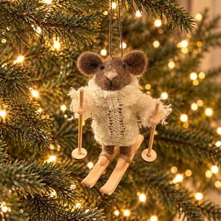 Alpine skiing mouse in jumper hanging decoration