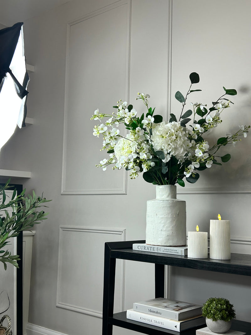 Eucalyptus, white hydrangeas and Florence spray stem arrangement