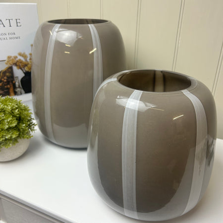 Set of two taupe brown white stripe abstract vases