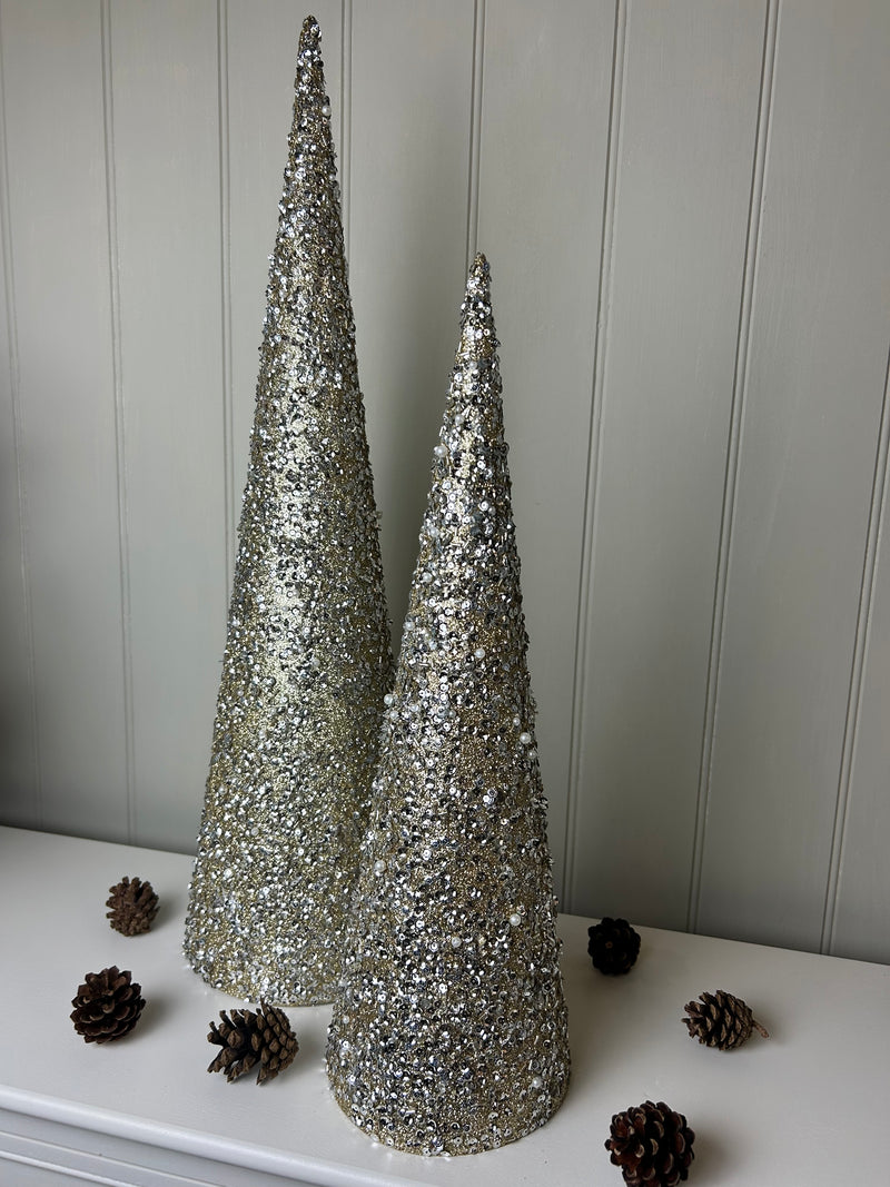 Set of two tall sequin gold cone trees