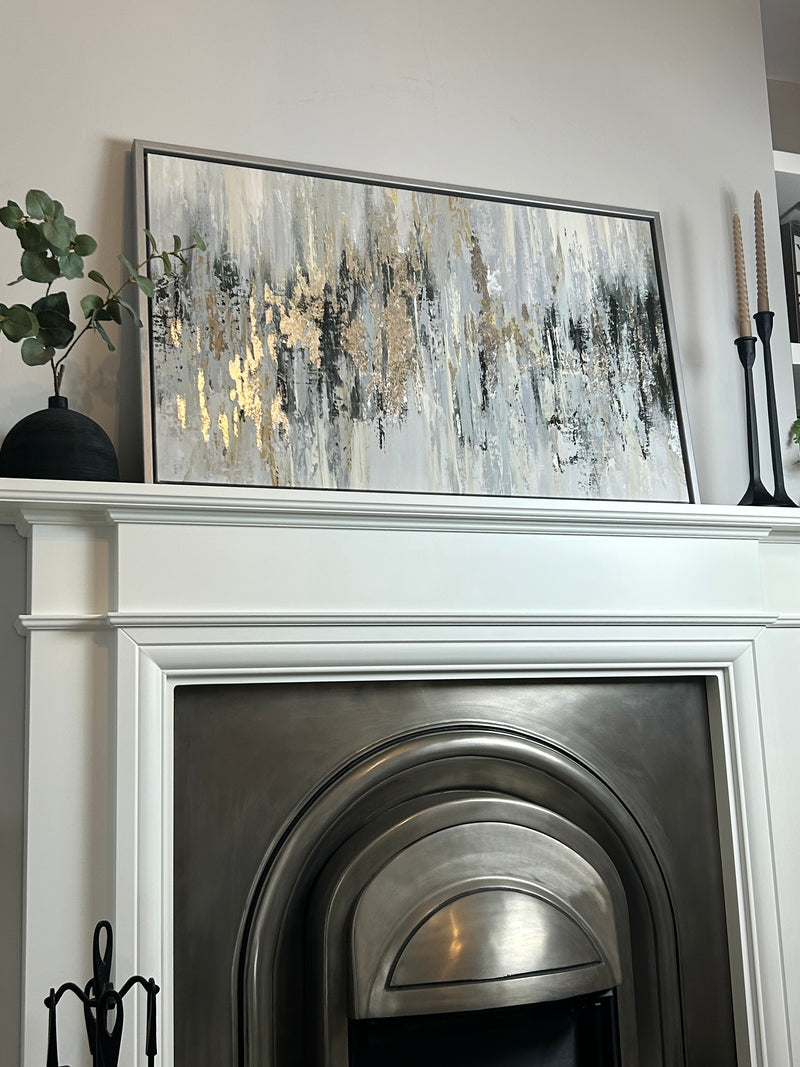 Dripping silver abstract framed canvas by Tom Reeves 60x96