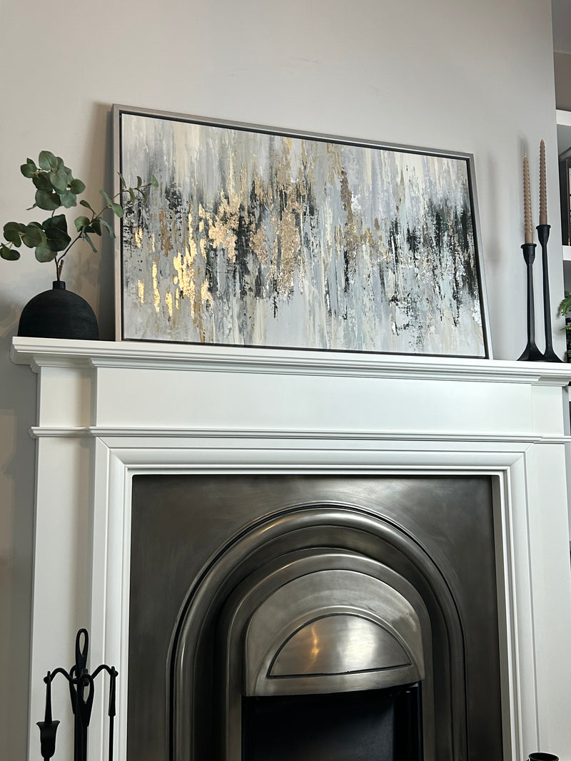 Dripping silver abstract framed canvas by Tom Reeves 60x96