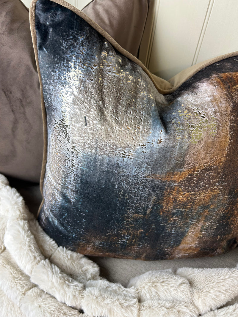 Paul Moneypenny Bronze brown navy Abstract Too Good Velvet Cushion 45cm