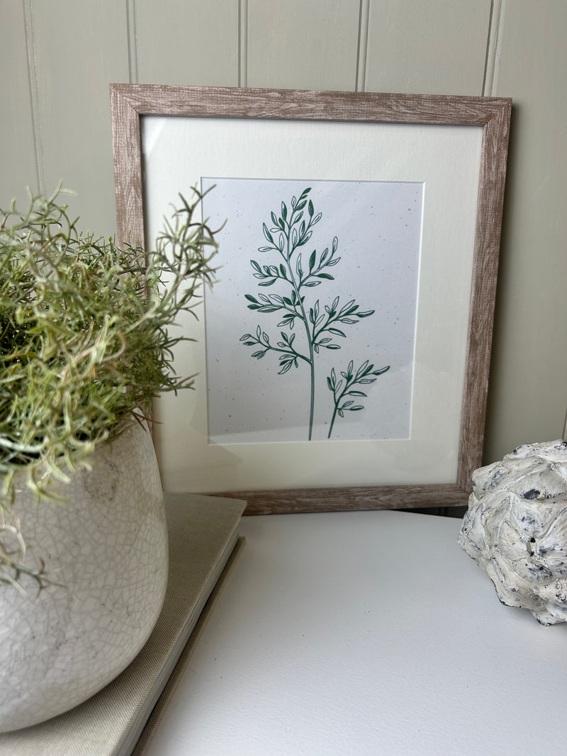 Fern botanical natural green white cream washed wood frame mounted art picture 3 styles