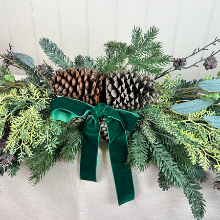 Pine mixed Foliage Bow Swag with green ribbon