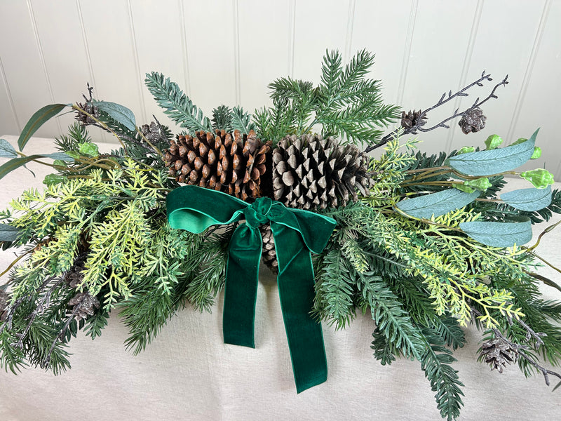 Pine mixed Foliage Bow Swag with green ribbon