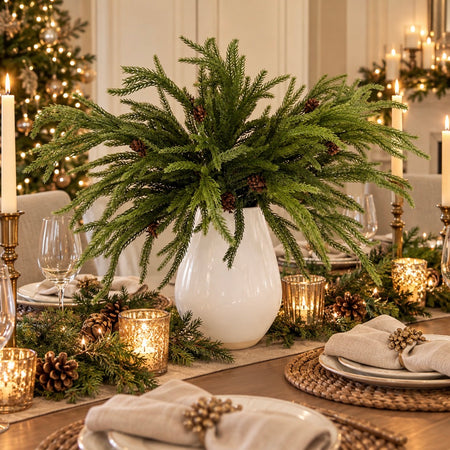 Trio of weeping Norfolk pine stems with pinecones arrangement