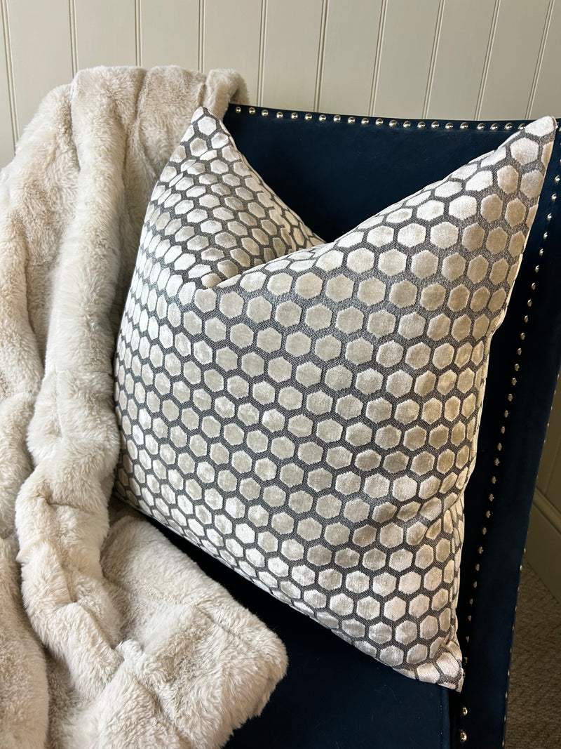 Cream and grey Jorvik hexagon cut velvet luxury cushion two sizes