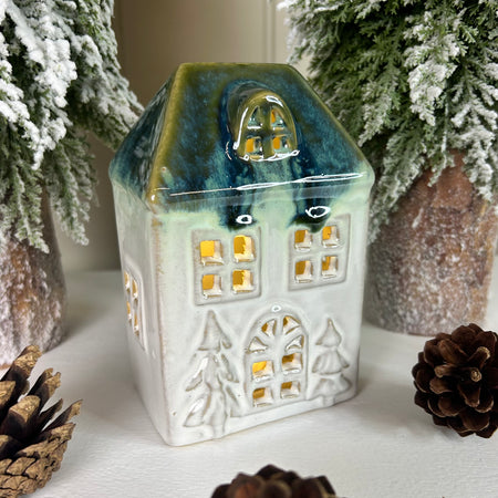 Blue and White reactive glaze LED Light up House 12cm