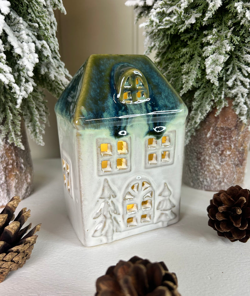 Blue and White reactive glaze LED Light up House 12cm