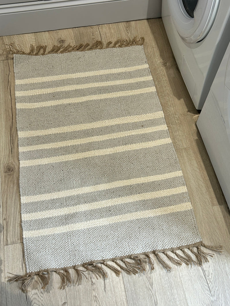 Recycled cotton stripe stone beige neutral rug runner door mat 60x90 and 70x130