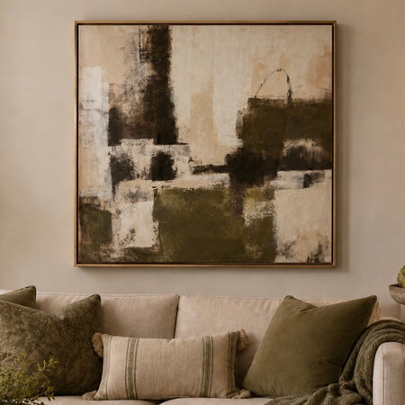 Green neutral black brown textured hand finished framed art