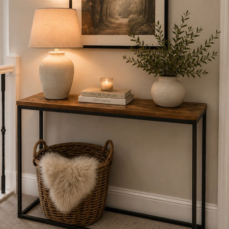 Wooden parquet top metal leg table