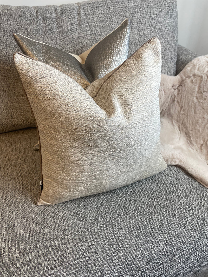 Taupe gold ripple textured cushion with piping