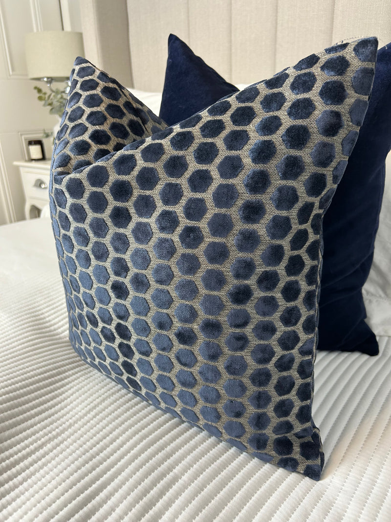 Navy Blue Jorvik Hexagon Velvet luxury Cushion Two Sizes