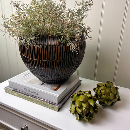 Brown and black textured lined bowl planter