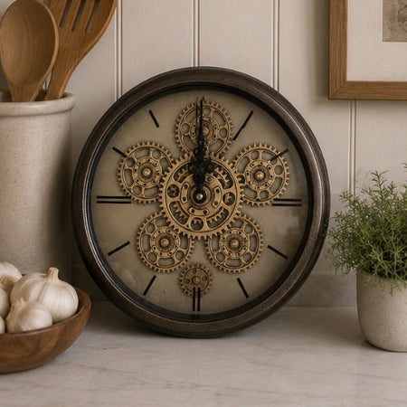 Brass gold black 23cm gears clock
