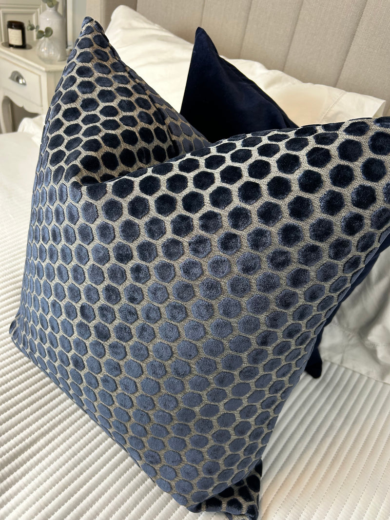 Navy Blue Jorvik Hexagon Velvet luxury Cushion Two Sizes