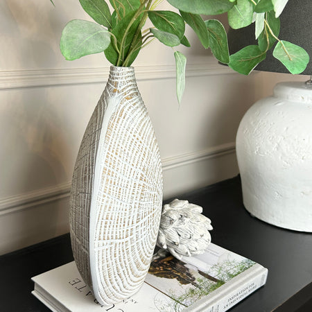 Brown and white textured wood look round vase