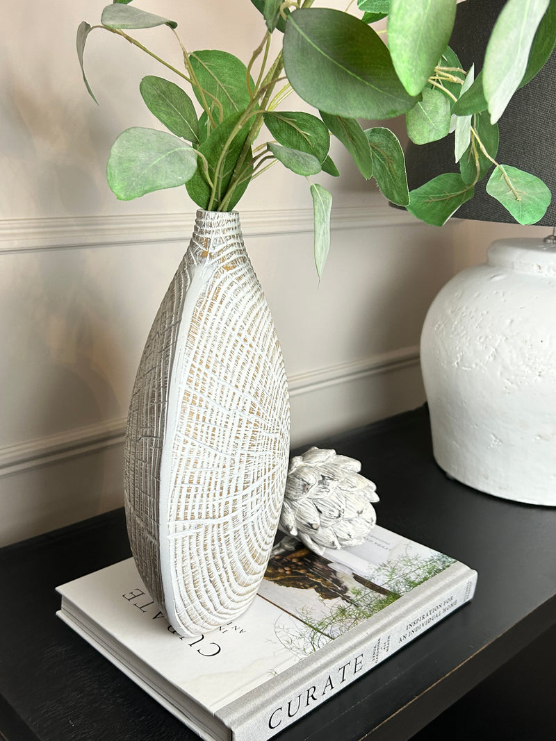 Brown and white textured wood look round vase