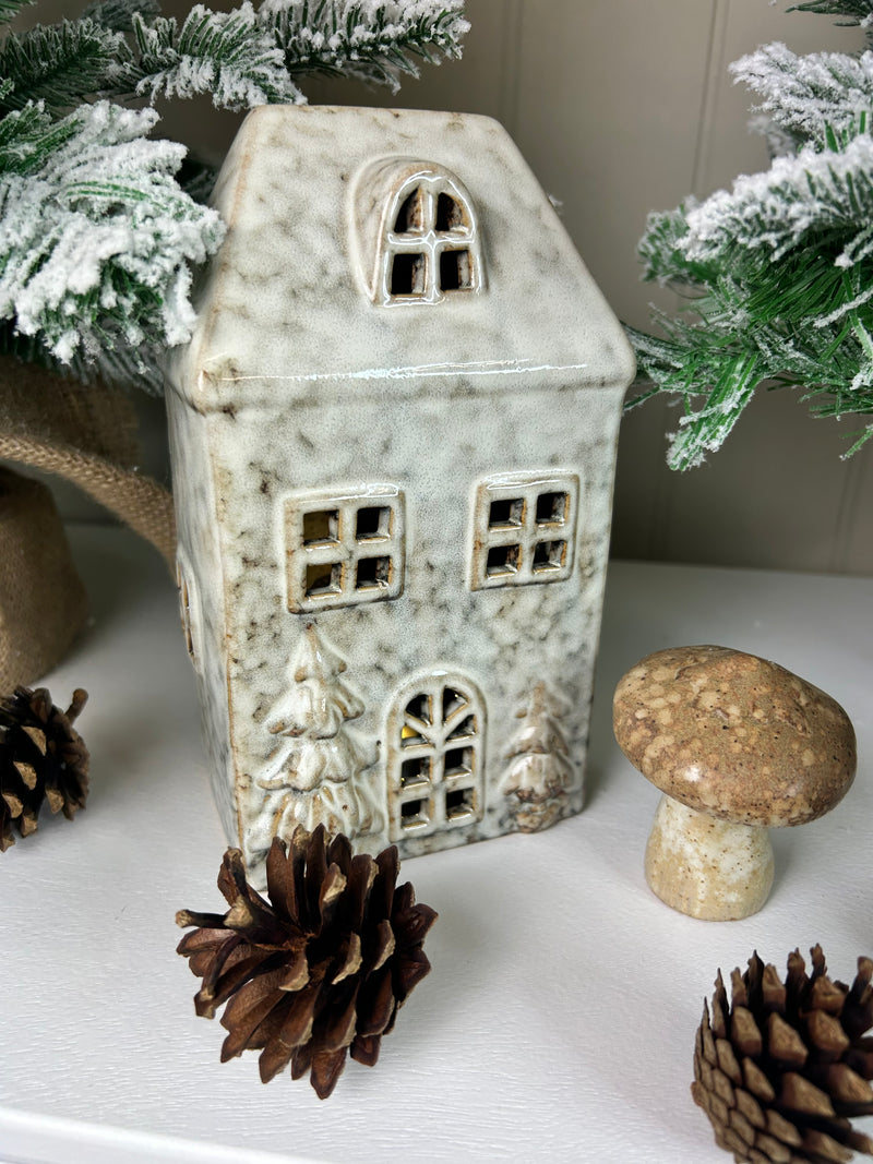 Neutral Two Tone reactive glaze LED light up Ceramic House