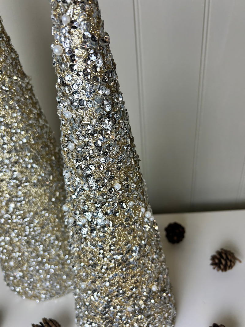 Set of two tall sequin gold cone trees