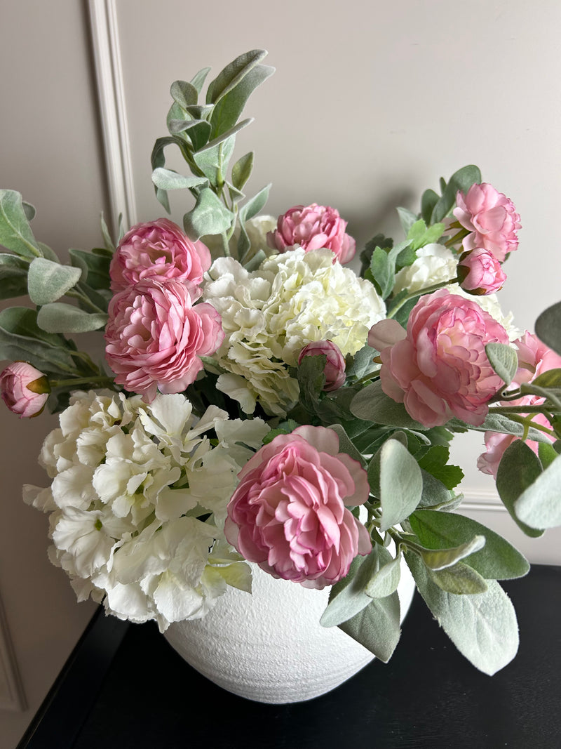 Bouquet arrangement 2 lambs ear hydrangeas and pink ranunculus stems