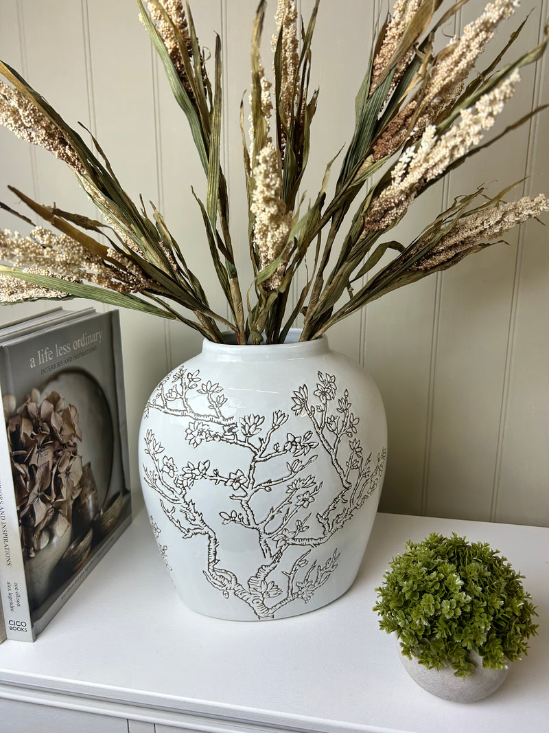 Ceramic white vase with blossom print brown