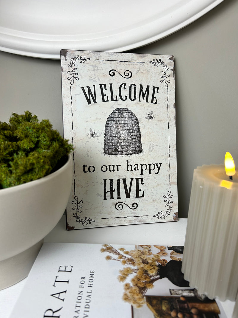 ‘Welcome to our happy hive’ Metal Vintage Sign Plaque
