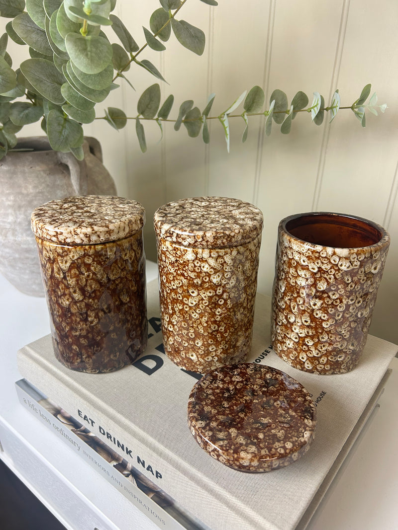 Reactive brown mottled print lidded canisters jars