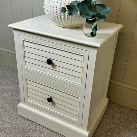 Pearl white elise two drawer slatted side table bedside