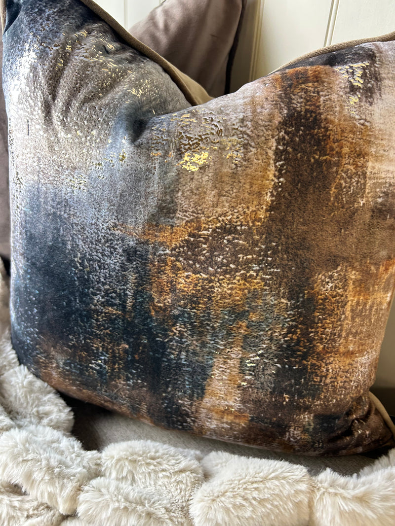 Paul Moneypenny Bronze brown navy Abstract Too Good Velvet Cushion 45cm