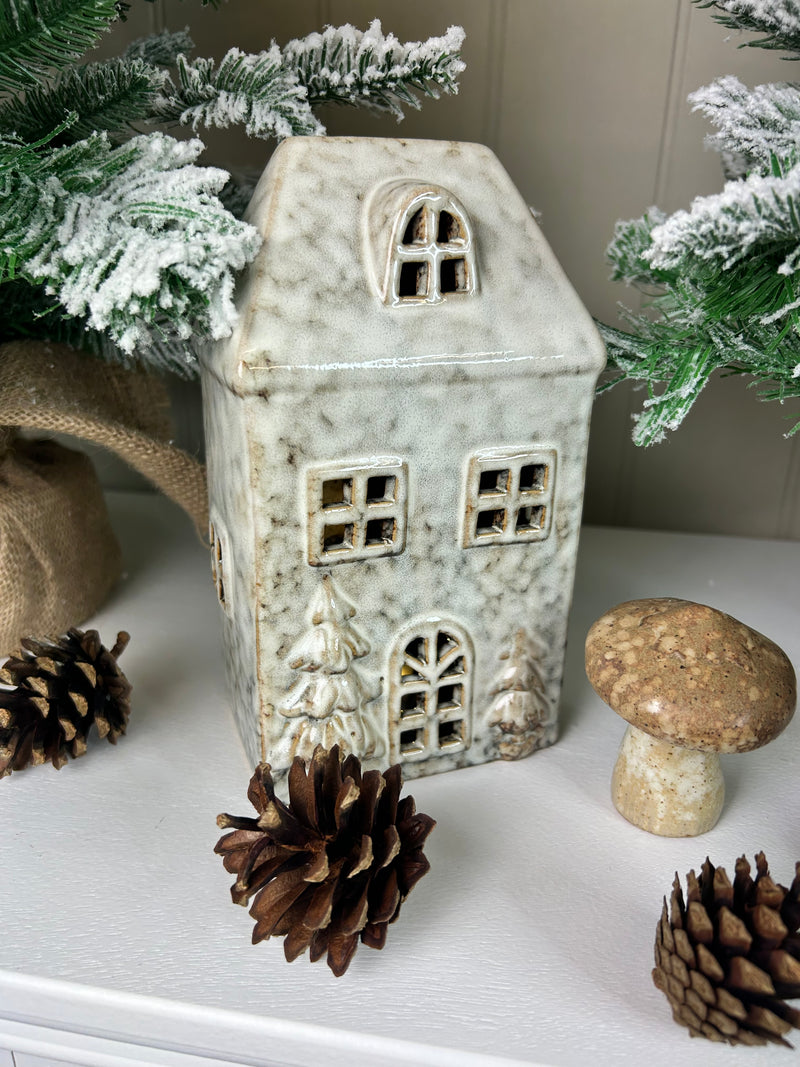Neutral Two Tone reactive glaze LED light up Ceramic House