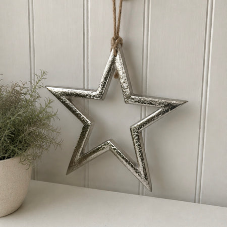 Hammered metal chunky silver outline hanging star 20cm