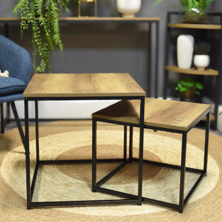 Wood and Metal Square Nest of Tables